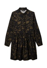 Robe à motifs floraux noirs et verts olive avec manches longues, col volanté, fermeture à boutons sur le devant et jupe évasée. Texture de tissu douce.