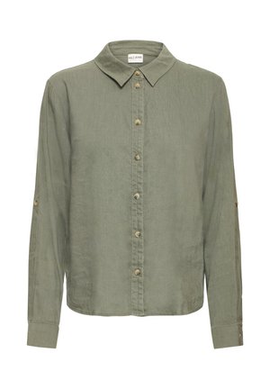 Grünes Longsleeve-Hemd mit Kragen, durchgehender Knopfleiste und hochkrempelbaren Ärmeln. Hergestellt aus weichem Stoff mit subtiler Textur.