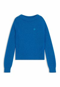 Niebieski sweter z dzianiny o okrągłym dekolcie, długich rękawach i skróconym dole. Posiada małe, okrągłe logo z przodu.