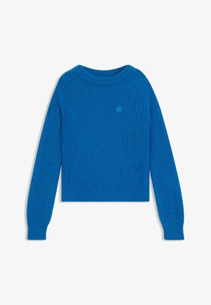 Blauer gestrickter Pullover mit rundem Halsausschnitt, langen Ärmeln und verkürztem Saum. Besitzt ein kleines, rundes Logo auf der Vorderseite.