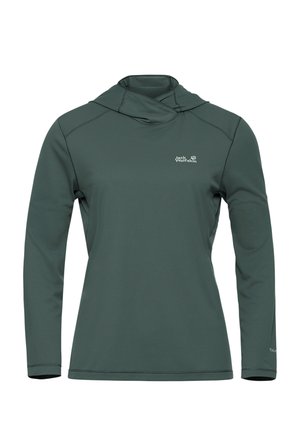 Donkergroene lange mouw sporthoodie met Jack Wolfskin-logo op de borst, gestructureerde stof en een aansluitende pasvorm.