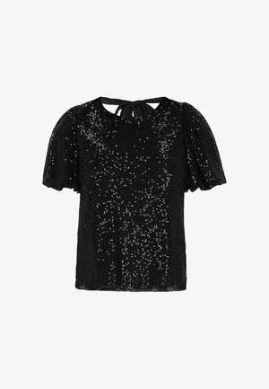 Must mustriga topp lühikeste puhvärvlitega, ümmargune kaelus ja lips taga. Omab tekstuurset pinda kuna on kaetud sädelevate mustritega.