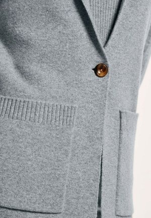Lichtgrijze cardigan van zacht materiaal. Beschikt over een V-hals, geribbelde manchetten en een bruine knoop. Twee voorzakken met een lichte textuur.