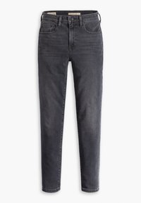 Jeans de denim gris oscuro con corte recto, que cuentan con un cierre de cremallera, cinco bolsillos y costuras en contraste. Textura suave con un ligero brillo.