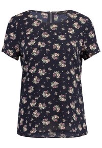 Marineblaue Bluse mit kurzen Ärmeln, mit einem Muster aus kleinen rosa Blumen und Blättern, Rundhalsausschnitt und einem Reißverschlussverschluss auf der Rückseite.