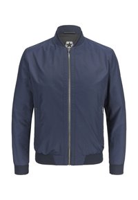 Marineblaue Bomberjacke aus glattem, leichtem Stoff mit gerippten Bündchen und Saum, durchgehendem Reißverschluss vorne und Seitentaschen.