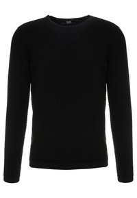 Maglione nero a maniche lunghe con un motivo testurizzato e trapuntato, scollo rotondo e bordo solido ai polsi e all'orlo. Realizzato in un tessuto spesso.