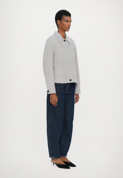 Light gray jacket with a pointed collar, two front pockets, and a button closure, paired with dark blue wide-leg jeans and black shoes.