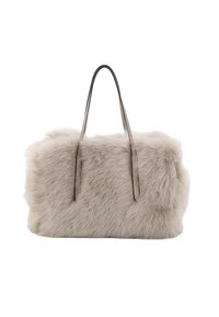 Sac à main en fausse fourrure beige clair, doté de deux fines anses en cuir lisse. Surface texturée avec un aspect doux et duveteux, sans motifs.