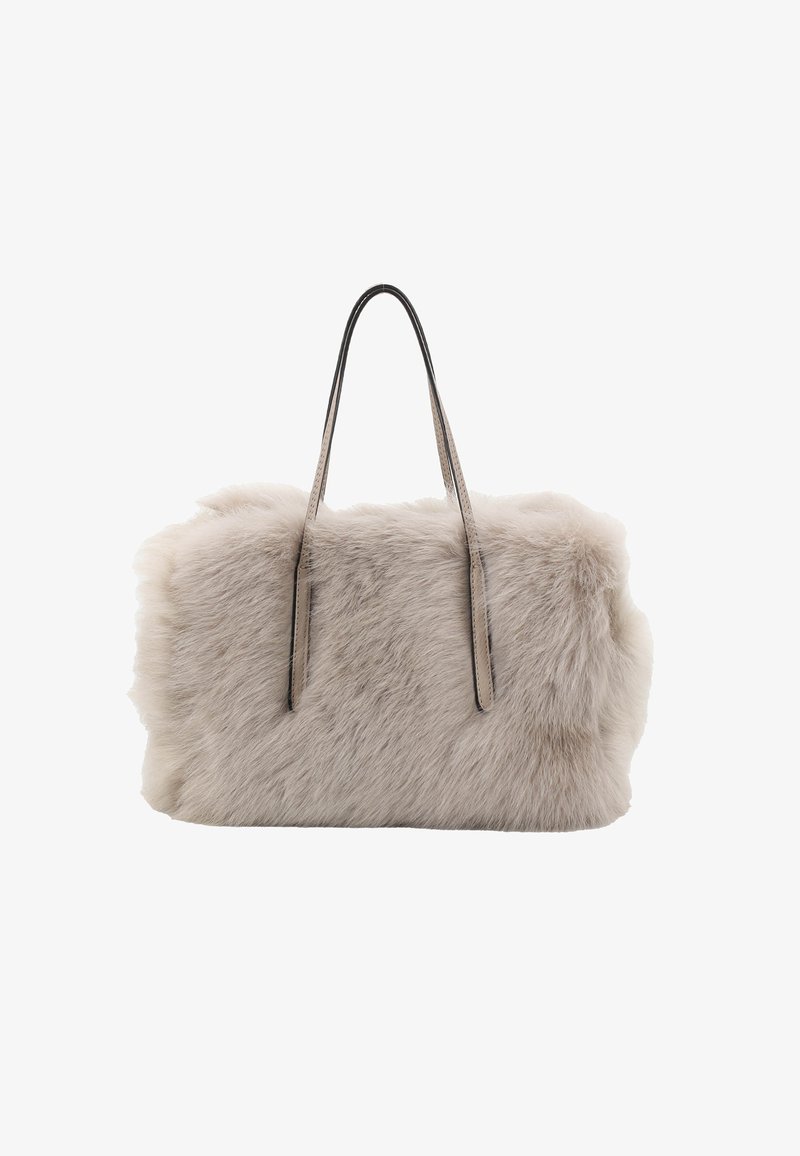 Sac à main en fausse fourrure beige clair, doté de deux fines anses en cuir lisse. Surface texturée avec un aspect doux et duveteux, sans motifs.