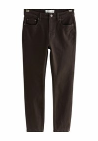Jeans skinny marroni scuri realizzati in denim; presentano cinque tasche, accessori metallici e una vita standard con passanti per cintura. Texture liscia.