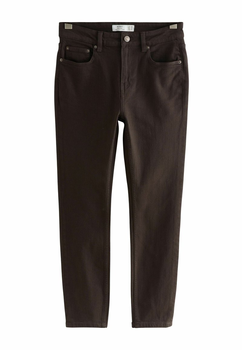 Jeans skinny marroni scuri realizzati in denim; presentano cinque tasche, accessori metallici e una vita standard con passanti per cintura. Texture liscia.