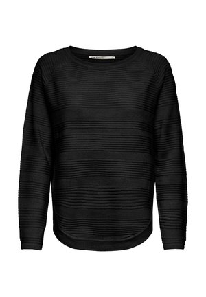 Svart stickad tröja med horisontella texturerade ränder, rund halsringning, långa ärmar och en något buktande fåll. Mjukt material.