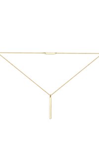 Gouden ketting met een dunne verticale staafhanger die hangt aan een delicate ketting. De ketting heeft een kleine rechthoekige schakel.