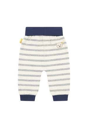 Spodnie niemowlęce w biało-szare poziome paski, z granatowym pasem i mankietami oraz małym haftowanym buźką niedźwiadka z przodu.