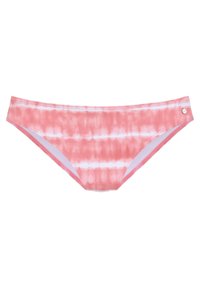 Bas de bikini rose tie-dye avec une texture lisse, mettant en avant des rayures blanches horizontales et un petit accent métallique sur le côté.