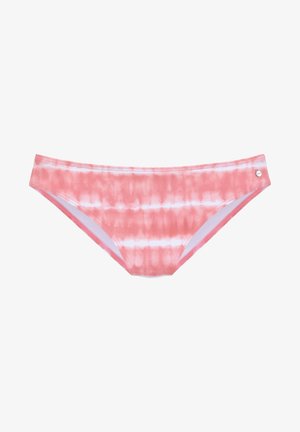 Rosa Batik-Bikiniunterteil mit glatter Textur, mit weißen horizontalen Streifen und einem kleinen metallischen Akzent an der Seite.