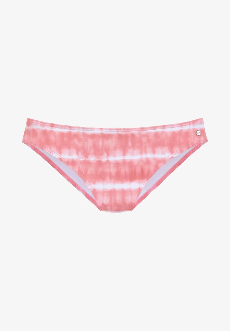 Bas de bikini rose tie-dye avec une texture lisse, mettant en avant des rayures blanches horizontales et un petit accent métallique sur le côté.