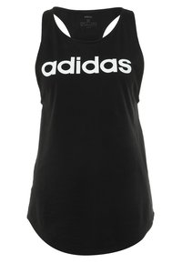 Czarny top na ramiączkach z okrągłym dekoltem i wyścigowym krojem pleców. Z przodu widnieje duże białe logo "adidas". Wykonany z miękkiego materiału.