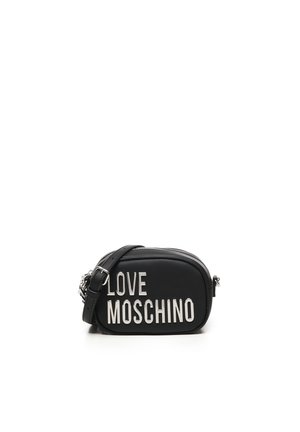 Borsa a tracolla nera in pelle sintetica, caratterizzata da un evidente testo bianco "LOVE MOSCHINO", una forma arrotondata e hardware in tonalità argentata.