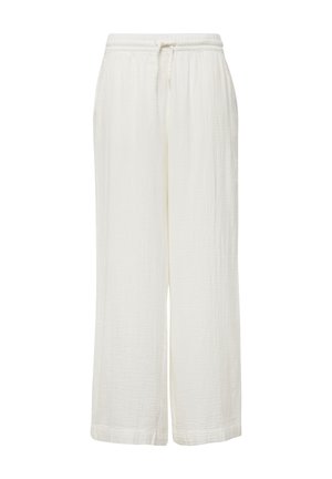 Luźne, kremowe spodnie z szerokimi nogawkami wykonane z teksturowanej tkaniny, z elastycznym pasem i regulowanym sznurkiem.