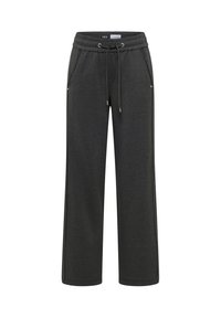 Donkergrijze sweatpants met een trekkoord in de taille, zijzakken en een ontspannen pasvorm. Zachte textuur met een subtiel gemêleerd patroon.