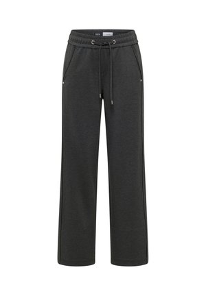 Dunkelgraue Sweatpants mit einem Kordelzugbund, Seitentaschen und entspanntem Schnitt. Weicher Stoff mit einem dezenten melierten Muster.