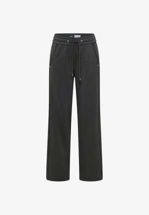 Dunkelgraue Sweatpants mit einem Kordelzugbund, Seitentaschen und entspanntem Schnitt. Weicher Stoff mit einem dezenten melierten Muster.