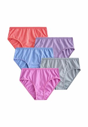 Fem par damebomulds trusse i koral, lavendel, blå, grå og lyserød, arrangeret i en løs vifteform.
