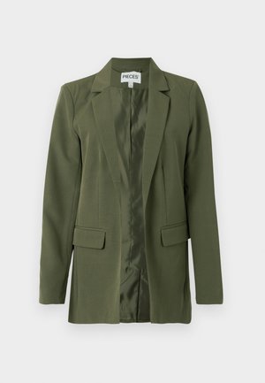 Olive green blazer in structured fabric, featuring a notched collar, front pockets, and a smooth satin lining. Open front design.
