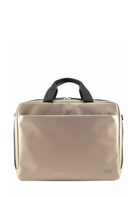 Bolsa de portátil beige con un acabado mate y suave. Cuenta con asas negras dobles, un bolsillo frontal y un cierre de cremallera resistente.