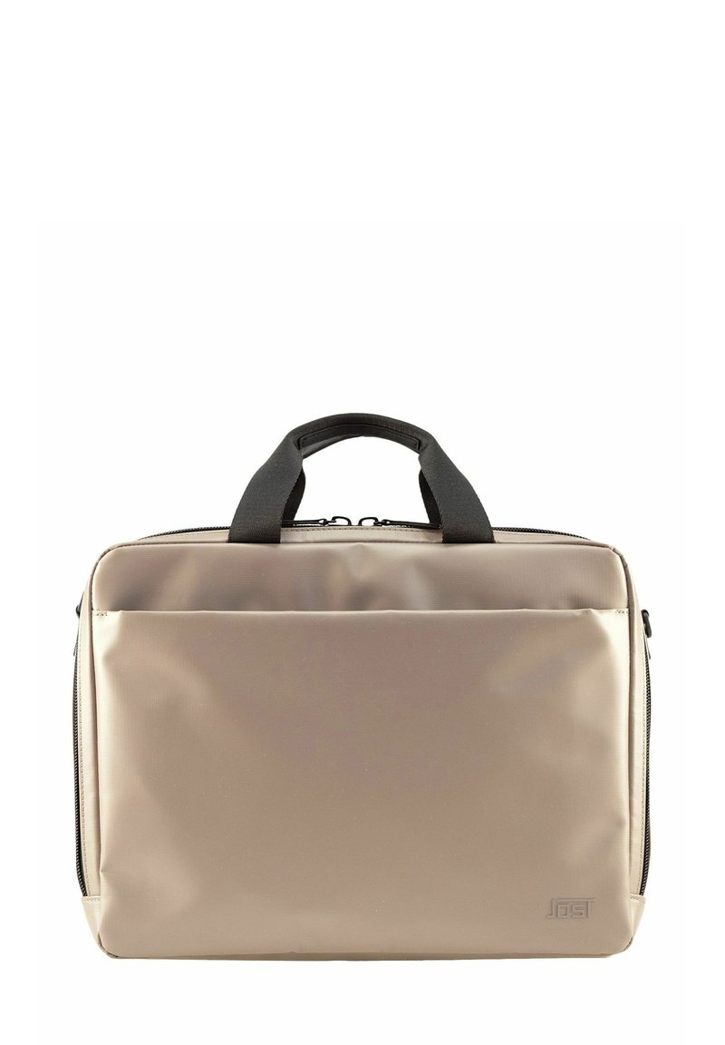 Bolsa de portátil beige con un acabado mate y suave. Cuenta con asas negras dobles, un bolsillo frontal y un cierre de cremallera resistente.