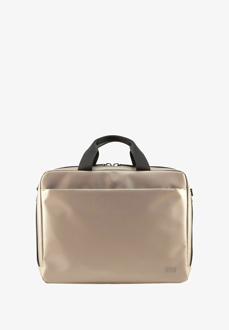 Bolsa de portátil beige con un acabado mate y suave. Cuenta con asas negras dobles, un bolsillo frontal y un cierre de cremallera resistente.