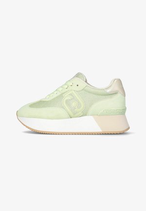 Sneaker verde lime con tomaia in mesh e suede, suola intermedia bianca, dettagli di colore chiaro e suola in gomma testurizzata caratterizzata da un motivo a zigzag.