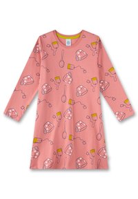Rosa Longsleeve-Kleid aus weichem Stoff, mit einem verspielten Druck von lächelnden Tassen, Löffeln und Teebeuteln in verschiedenen Farben. Rundhalsausschnitt.