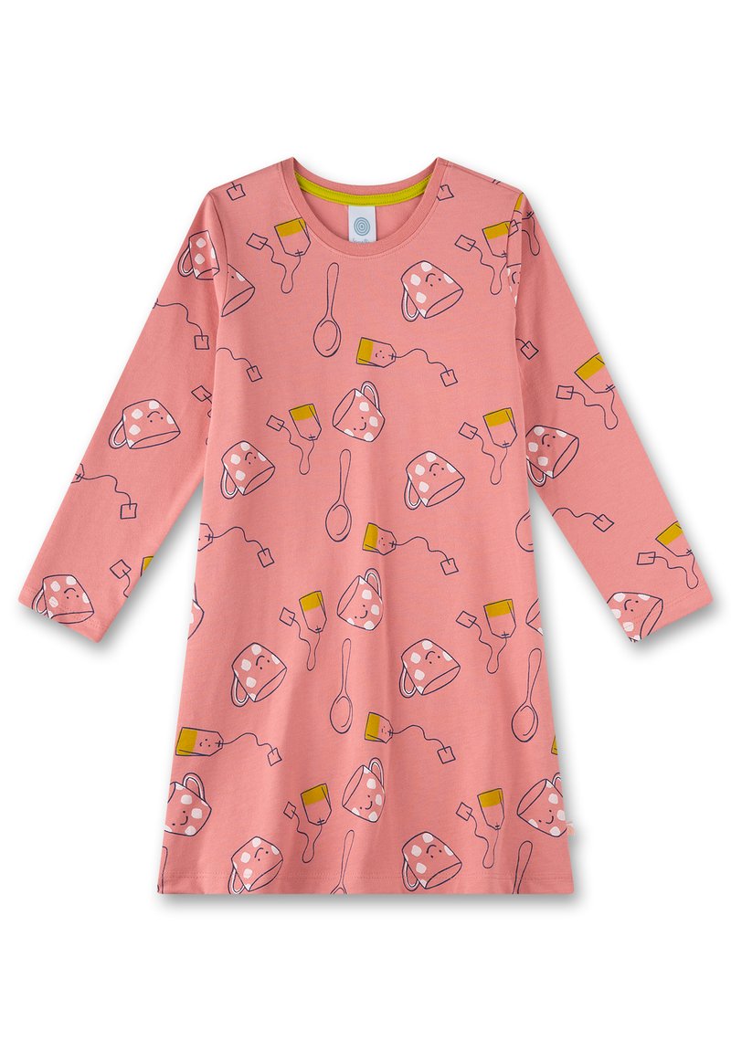 Rosa Longsleeve-Kleid aus weichem Stoff, mit einem verspielten Druck von lächelnden Tassen, Löffeln und Teebeuteln in verschiedenen Farben. Rundhalsausschnitt.