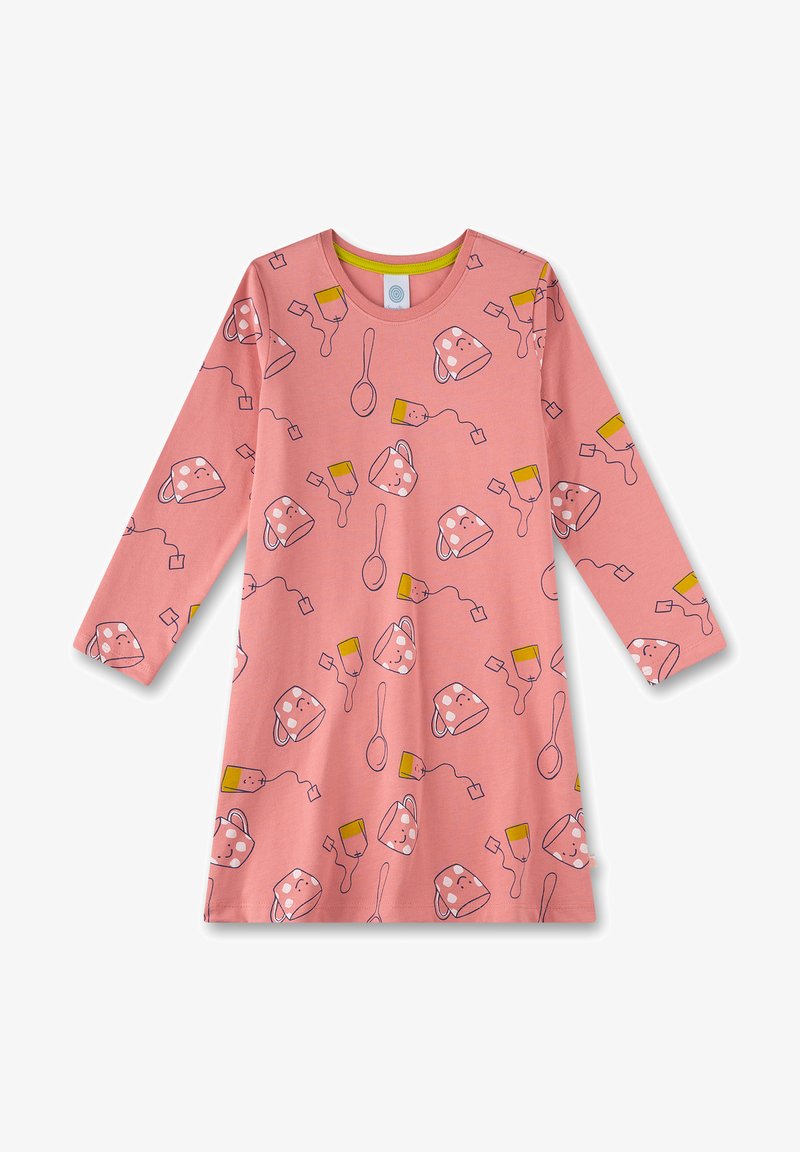 Rosa Longsleeve-Kleid aus weichem Stoff, mit einem verspielten Druck von lächelnden Tassen, Löffeln und Teebeuteln in verschiedenen Farben. Rundhalsausschnitt.