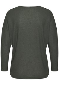 Dunkelgrünes, langärmliges Strickoberteil mit lockerer Passform und Rundhalsausschnitt, von hinten gezeigt und das strukturierte Material hervorhebend.