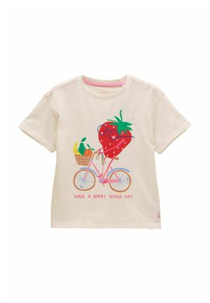 Cream-colored children’s T-shirt with a cartoon strawberry wearing glasses riding a bike carrying fruit basket. Text reads “Have a berry good day.”