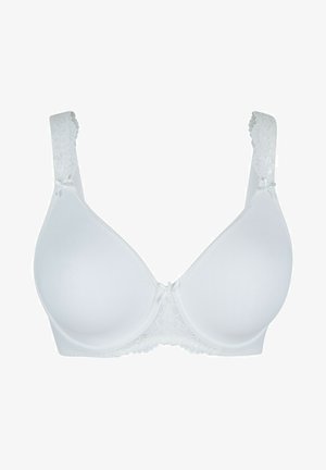 Biely podprsenka s bezšvovými pohármi, čipkovým lemom na ramienkach a obvode, nastaviteľnými ramienkami a malou mašličkou na prednej časti.