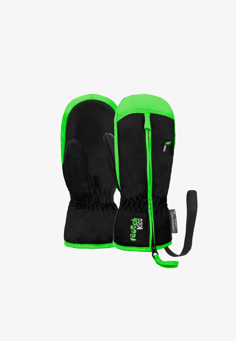 Black mittens with bright green accents, featuring a smooth texture, elastic wrist openings, and a securing strap. Durable material for warmth.