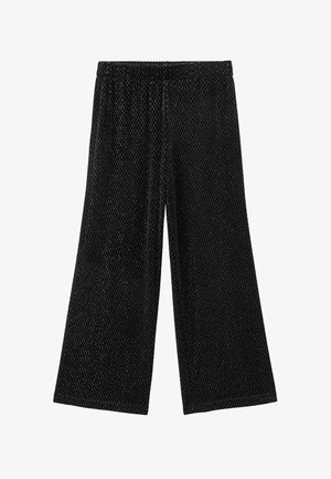 Černé síťované kalhoty širokého střihu s elastickým pasem, které mají texturovaný vzor a volný, splývavý siluetu.