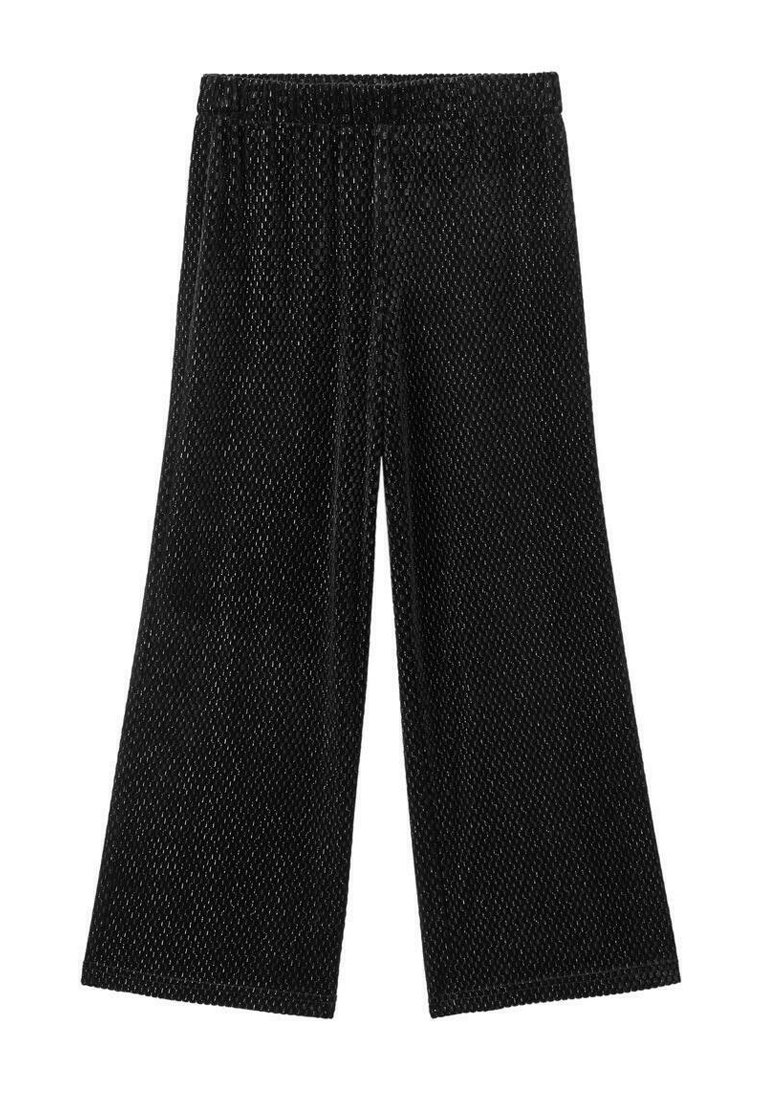 Čierne priehľadné široké nohavice s elastickým pásom, s textúrovaným vzorom a voľným, splývavým strihom.