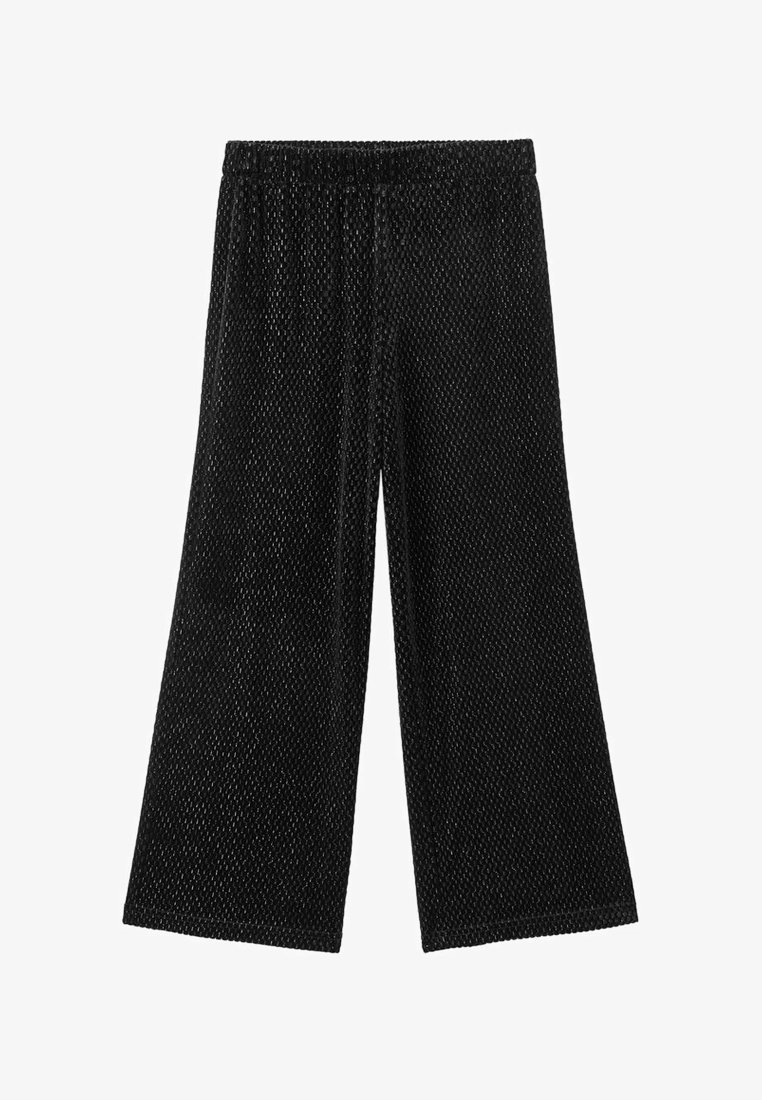 Čierne priehľadné široké nohavice s elastickým pásom, s textúrovaným vzorom a voľným, splývavým strihom.