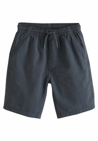 Shorts gris foncé en tissu texturé, dotés d'une taille élastique avec cordon de serrage et de poches latérales.