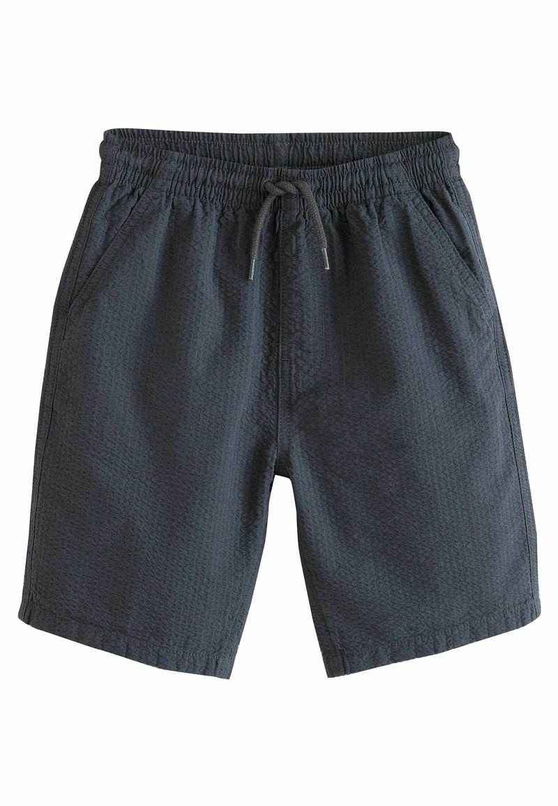 Shorts gris foncé en tissu texturé, dotés d'une taille élastique avec cordon de serrage et de poches latérales.