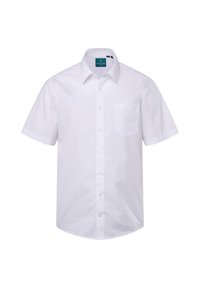 Camisa blanca de manga corta, confeccionada en algodón suave. Presenta un pequeño bolsillo en el pecho y un cuello clásico con dobladillo redondeado.