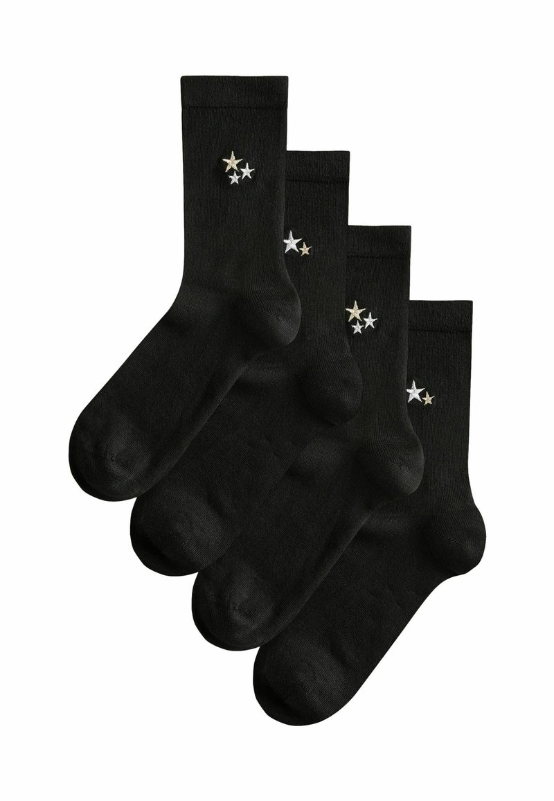 Schwarze Baumwollsocken mit silbernen und goldenen gestickten Sternen, mit einer glatten Textur und einer standardmäßigen Knöchellänge. Set aus vier Paaren.
