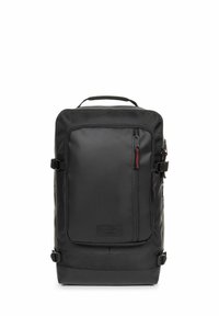 Black backpack made of durable synthetic material, featuring a front zip pocket, adjustable straps, and a top handle for easy carrying.