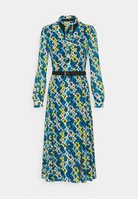 Robe midi florale à manches longues, avec un bouton sur le devant, une ceinture noire, et un motif de fleurs bleues, vertes et grises sur un fond clair.